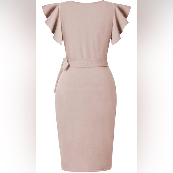 OTEN Womens Deep V Neck Ruffle Sleeve Sheath Casual Cocktail Wrap Dress Size L - Picture 3 of 4